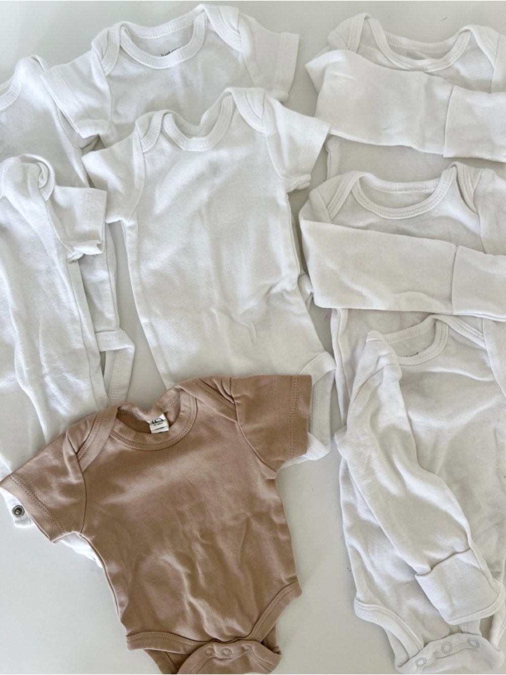 White and Taupe Neutral Newborn Onesie Set – 8 Items